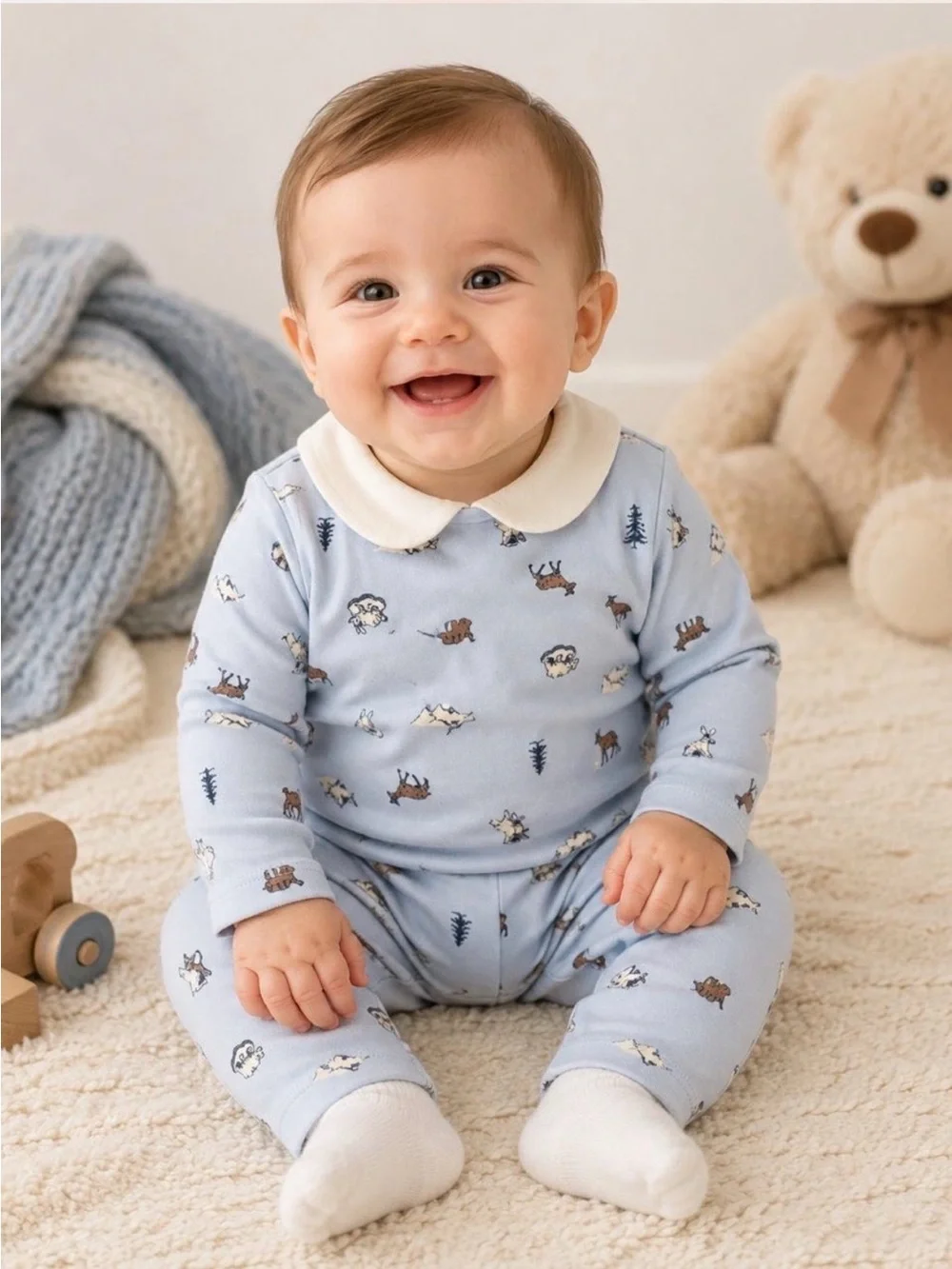 Janie and Jack Light Blue Animal Print One-Piece with Cream Peter Pan Collar